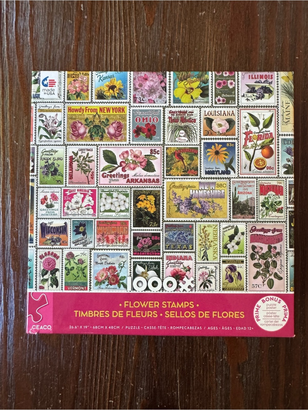 Ceaco "Flower Stamps" 1000 Piece Puzzle - COMPLETE floral pink postage